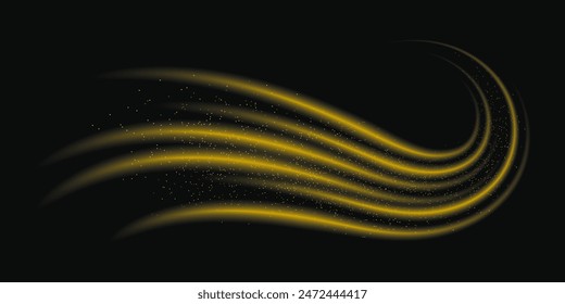 Abstract light lines of high speed motion with sparkles, golden colors. Glowing curve, speed line. Abstract movement. Dynamic traces.