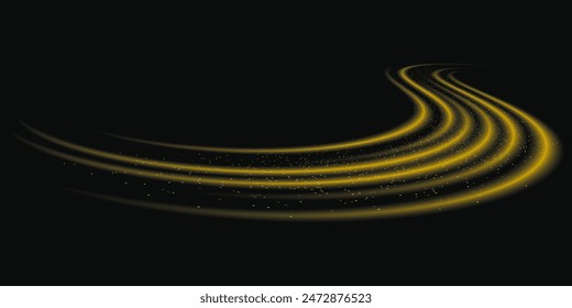 Abstrakte, helle Linien mit hoher Bewegungsgeschwindigkeit mit funkelnden, goldenen Farben. Glühende Kurve, Geschwindigkeitslinie. Abstrakte Bewegung. Dynamische Spuren.