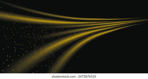 Abstract light lines of high speed motion with sparkles, golden colors. Glowing curve, speed line. Abstract movement. Dynamic traces.