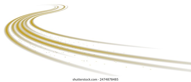 Abstract light lines of high speed motion with sparkles, golden colors. Glowing curve, speed line. Abstract movement. Dynamic traces.
