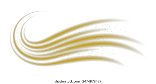 Abstract light lines of high speed motion with sparkles, golden colors. Glowing curve, speed line. Abstract movement. Dynamic traces.