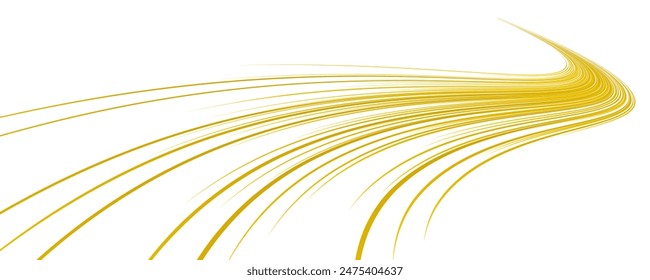 Abstrakte, helle Linien mit hoher Bewegungsgeschwindigkeit mit funkelnden, goldenen Farben. Glühende Kurve, Geschwindigkeitslinie. Abstrakte Bewegung. Dynamische Spuren.	