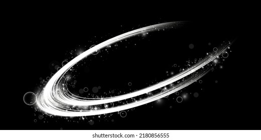 Líneas de luz abstractas de movimiento y velocidad con destellos de color blanco. Efecto luminoso diario. onda semicircular, giro de la curva de traza luminosa, faros de coche, png óptico de fibra incandescente.
