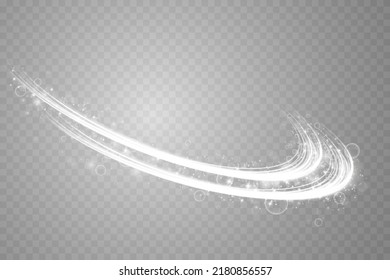 Abstract light lines of motion and speed with white color sparkles. Light everyday glowing effect. semicircular wave, light trail curve swirl, car headlights, incandescent optical fiber png.
