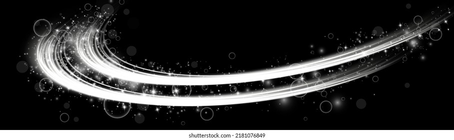 Abstract light lines of motion and speed with white color sparkles. Light everyday glowing effect. semicircular wave, light trail curve swirl, car headlights, incandescent optical fiber png.
