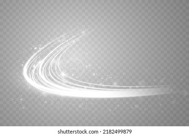 Abstract light lines of motion and speed with white color sparkles. Light everyday glowing effect. semicircular wave, light trail curve swirl, car headlights, incandescent optical fiber png.
