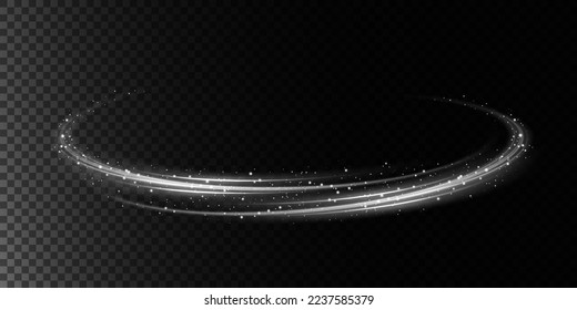 Líneas de luz abstractas de movimiento y velocidad con destellos de color blanco. Efecto luminoso diario. onda semicircular, giro de la curva de traza luminosa, faros de coche, png óptico de fibra incandescente.
