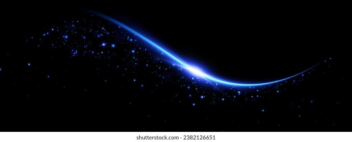 Abstract light lines of motion and speed, with flying dust glitter. light blue line. Brilliant galaxy. A glowing catwalk. Light everyday glowing effect. semicircular wave, light swirl. 