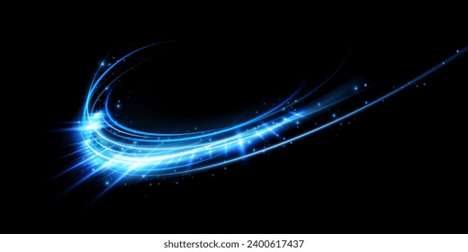  Abstract light lines of motion and speed with sparks of blue color. Light everyday luminous effect. Semicircular wave, light trace curve swirl, vector illustration, png.