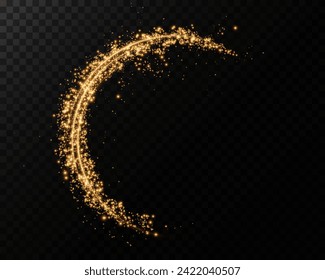 Abstract light lines of motion and speed with golden colored sparks. Light everyday glowing effect. semicircular wave, curve light track swirl, optical fiber incandescent png. 