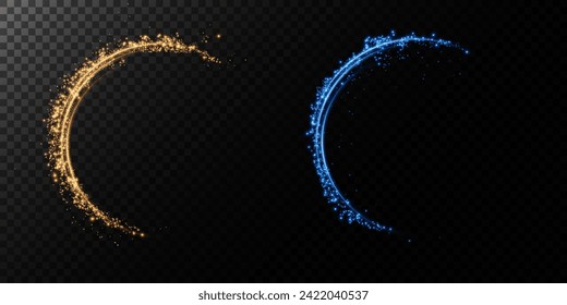 Abstract light lines of motion and speed with gold, blue and white colored sparks. Light everyday glowing effect. semicircular wave, curve light track swirl, optical fiber incandescent png. 