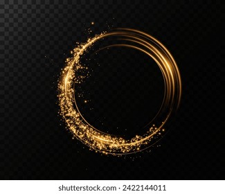 Abstract light lines of motion and speed with golden colored sparks. Light everyday glowing effect. semicircular wave, curve light track swirl, optical fiber incandescent png.