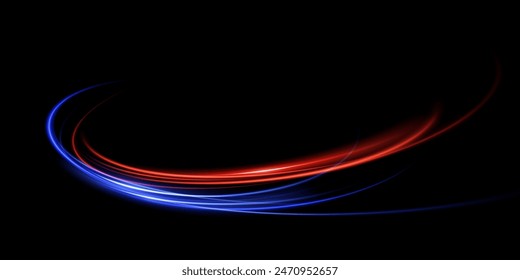 Abstract light lines of motion and speed with blue and red color, sparks. Light everyday glowing effect. semicircular wave, curve light track swirl, car headlights, incandescent optical fiber.	