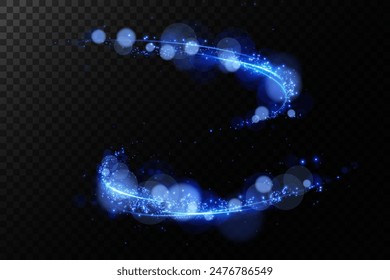 Abstract light lines of motion and speed with blue sparkle color. Light everyday glowing effect. semicircular wave, curve light track swirl, car headlights, incandescent optical fiber.	