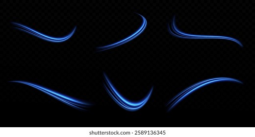  Abstract light lines of motion and speed with sparks of blue color. Light everyday luminous effect. Semicircular wave, light trace curve swirl,
