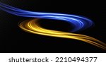 Abstract light lines of movement and speed with blue and yellow sparkles. Light everyday glowing effect. semicircular wave, light trail curve swirl, car headlights, incandescent optical fiber png.
