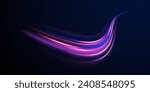 Abstract light lines of movement and speed in neon color. Big data traffic visualization, dynamic high speed data streaming traffic. Vector twist.