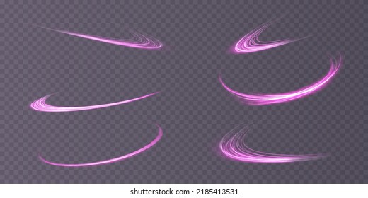 Abstract light lines of movement and speed with purple color sparkles. Light everyday glowing effect. semicircular wave, light trail curve swirl, car headlights, incandescent optical fiber png.
 - Shutterstock ID 2185413531