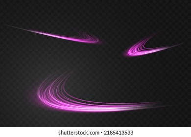 Abstract light lines of movement and speed with purple color sparkles. Light everyday glowing effect. semicircular wave, light trail curve swirl, car headlights, incandescent optical fiber png.
