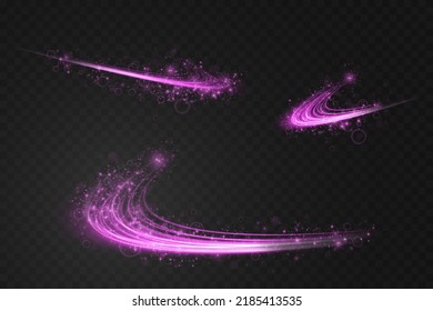 Abstract light lines of movement and speed with purple color sparkles. Light everyday glowing effect. semicircular wave, light trail curve swirl, car headlights, incandescent optical fiber png.
