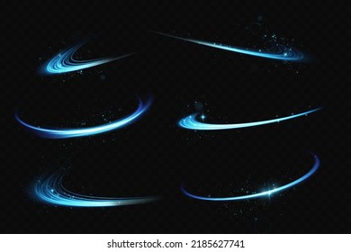 Abstract light lines of movement and speed with blue color and sparkles. Light everyday glowing effect. semicircular wave, light trail curve swirl, optical fiber incandescent png.
