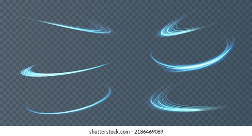 Abstract light lines of movement and speed with blue color and sparkles. Light everyday glowing effect. semicircular wave, light trail curve swirl, optical fiber incandescent png.
