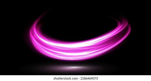 Resumen de líneas de luz de movimiento y velocidad con destellos de color púrpura. Efecto luminoso diario. onda semicircular, giro de la curva de traza luminosa, faros de coche, png óptico de fibra incandescente.
