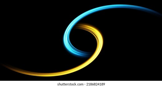 Abstract light lines of movement and speed with blue and yellow sparkles. Light everyday glowing effect. semicircular wave, light trail curve swirl, car headlights, incandescent optical fiber png.
