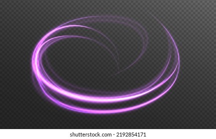 Abstract light lines of movement and speed with purple flare sparkles. Shine swirl magic line trail. Glowing violet circle, semicircular wave. Glow neon ring trace. Glittering shimmer spiral. Vector