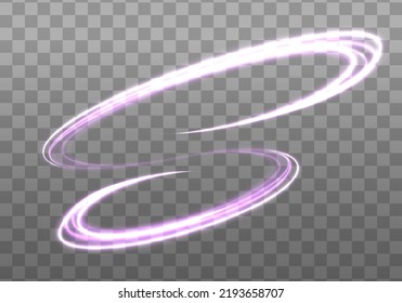 Abstract light lines of movement and speed with purple flare sparkles. Shine swirl magic line trail. Glowing violet circle, semicircular wave. Glow neon ring trace. Glittering shimmer spiral. Vector