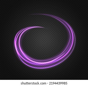 Abstract light lines of movement and speed with purple flare sparkles. Shine swirl magic line trail. Glowing violet circle, semicircular wave. Glow neon ring trace. Glittering shimmer spiral. Vector