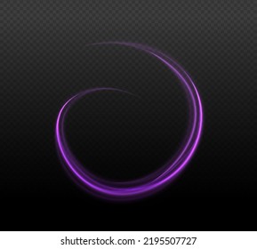 Abstract light lines of movement and speed with purple flare sparkles. Shine swirl magic line trail. Glowing violet circle, semicircular wave. Glow neon ring trace. Glittering shimmer spiral. Vector