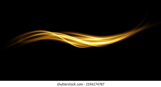 Abstract light lines of movement and speed with golden color sparkles. Light everyday glowing effect. semicircular wave, light trail curve swirl, car headlights, incandescent optical fiber png.
