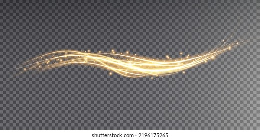 Abstract light lines of movement and speed with golden color sparkles. Light everyday glowing effect. semicircular wave, light trail curve swirl, car headlights, incandescent optical fiber png.
