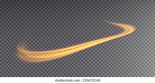 Abstract light lines of movement and speed with golden color sparkles. Light everyday glowing effect. semicircular wave, light trail curve swirl, car headlights, incandescent optical fiber 
