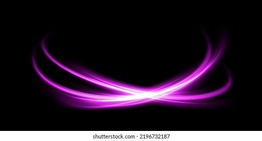 Abstract light lines of movement and speed with purple color sparkles. Light everyday glowing effect. semicircular wave, light trail curve swirl, car headlights, incandescent optical fiber  
