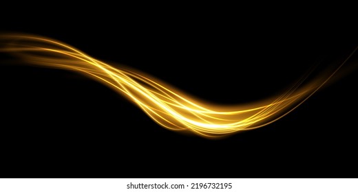 Resumen de líneas de luz de movimiento y velocidad con destellos de color dorado. Efecto luminoso diario. onda semicircular, giro de la curva de traza luminosa, faros del coche, fibra óptica incandescente  