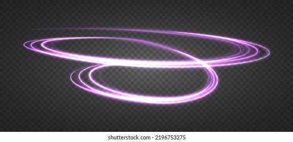 Abstract light lines of movement and speed with purple flare sparkles. Shine swirl magic line trail. Glowing violet circle, semicircular wave. Glow neon ring trace. Glittering shimmer spiral. Vector