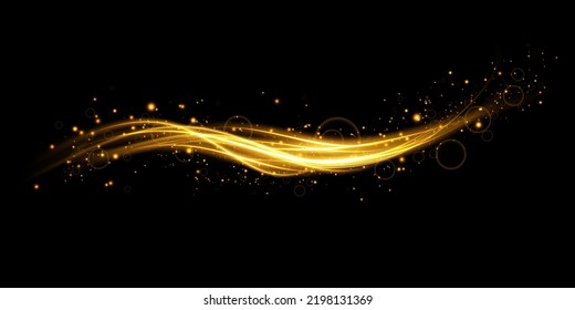 Abstract light lines of movement and speed with golden color sparkles. Light everyday glowing effect. semicircular wave, light trail curve swirl, car headlights, incandescent optical fiber  