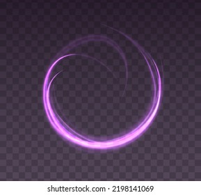 Abstract light lines of movement and speed with purple flare sparkles. Shine swirl magic line trail. Glowing violet circle, semicircular wave. Glow neon ring trace. Glittering shimmer spiral. Vector