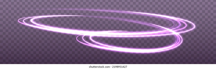 Abstract light lines of movement and speed with purple flare sparkles. Shine swirl magic line trail. Glowing violet circle, semicircular wave. Glow neon ring trace. Glittering shimmer spiral. Vector
