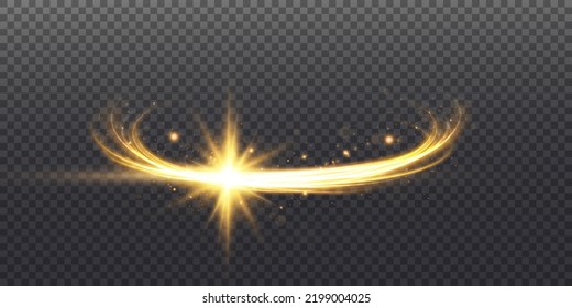 Abstract light lines of movement and speed with golden color sparkles. Light everyday glowing effect. semi-circular wave, light trace curve swirl, filament fiber.
