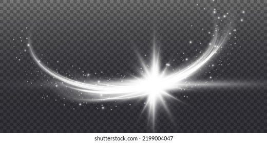 Resumen de líneas de luz de movimiento y velocidad con brillantes de color blanco. Efecto luminoso diario. onda semicircular, giro de la curva de traza luminosa, faros de coche, fibra óptica incandescente.

