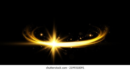 Abstract light lines of movement and speed with golden color sparkles. Light everyday glowing effect. semi-circular wave, light trace curve swirl, filament fiber.
