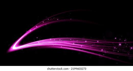 Abstract light lines of movement and speed with purple color sparkles. Light everyday glowing effect. semicircular wave, light trail curve swirl, car headlights, incandescent optical fiber png.
