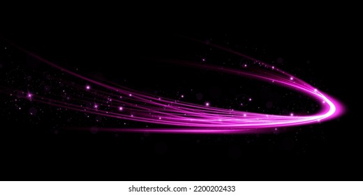 Abstract light lines of movement and speed with purple color sparkles. Light everyday glowing effect. semicircular wave, light trail curve swirl, car headlights, incandescent optical fiber png.
