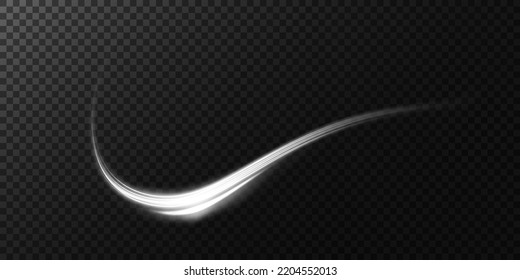 Abstract light lines of movement and speed with white color glitters. Light everyday glowing effect. semicircular wave, light trail curve swirl, car headlights, incandescent optical fiber png.
