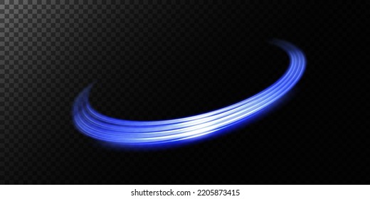 Abstract light lines of movement and speed in blue. Light everyday glowing effect. semicircular wave, light trail curve swirl, car headlights, incandescent optical fiber png.