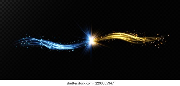 Abstract light lines of movement and speed with blue and yellow sparkles. Light everyday glowing effect. semicircular wave, light trail curve swirl, car headlights, incandescent optical fiber png.
