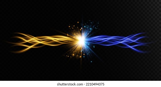 Abstract light lines of movement and speed with blue and yellow sparkles. Light everyday glowing effect. semicircular wave, light trail curve swirl, car headlights, incandescent optical fiber png.
